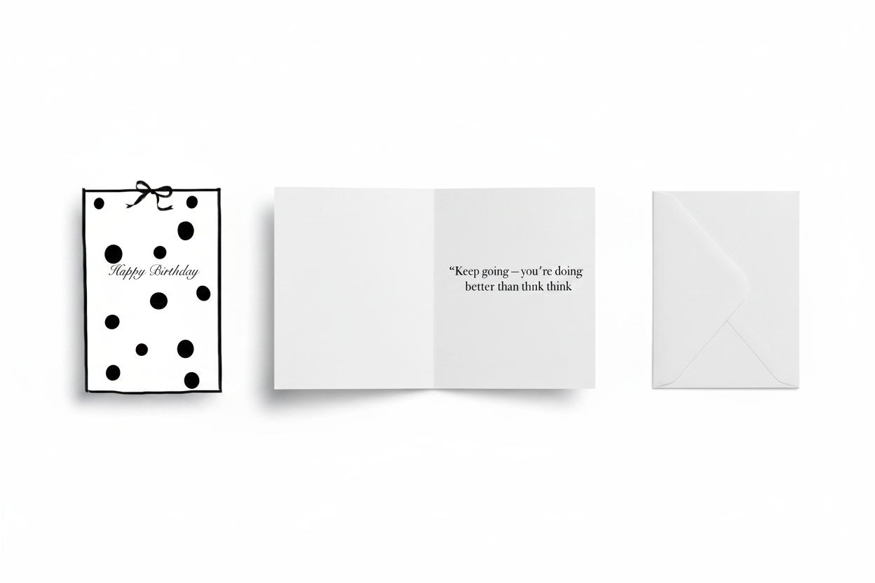 Happy Birthday Greeting Card Polka Dots — front, inside and envelope