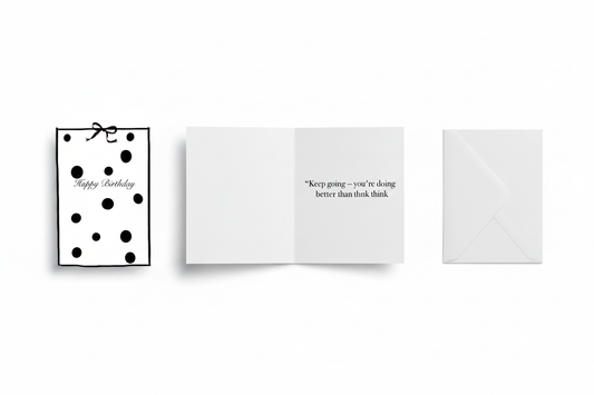 Happy Birthday Greeting Card Polka Dots — front, inside and envelope
